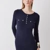 Karen Millen Viscose Blend Knitted Button Detail Tunic -Karen Millen shop navy viscose blend knitted button detail tunic