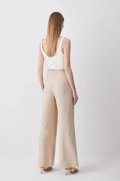Karen Millen Herringbone Linen Darted Wide Leg Trouser -Karen Millen shop neutral herringbone linen darted wide leg trouser 3