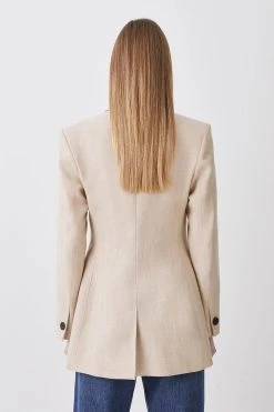 Karen Millen Herringbone Linen High Break Tailored Blazer -Karen Millen shop neutral herringbone linen high break tailored blazer 1