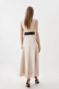 Karen Millen Satin Back Crepe Belted Midi Dress -Karen Millen shop neutral satin back crepe belted midi dress 2