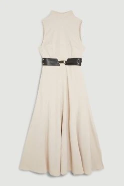 Karen Millen Satin Back Crepe Belted Midi Dress -Karen Millen shop neutral satin back crepe belted midi dress 3