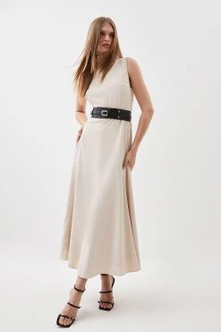 Karen Millen Satin Back Crepe Belted Midi Dress -Karen Millen shop neutral satin back crepe belted midi dress 4