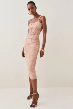 Karen Millen Corset Detail Ruched Mesh Jersey Top