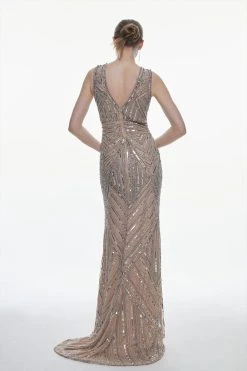 Karen Millen Deco Crystal Embellished Front Slit Midi Dress