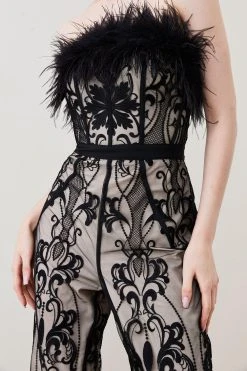 Karen Millen Graphic Embroidered Feather Woven Jumpsuit -Karen Millen shop nude graphic embroidered feather woven jumpsuit 3