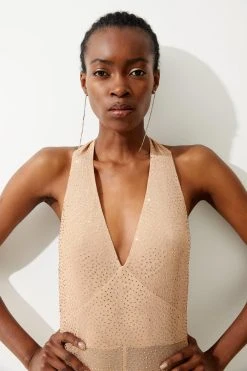 Karen Millen Hotfix Halterneck Wide Leg Jersey Jumpsuit