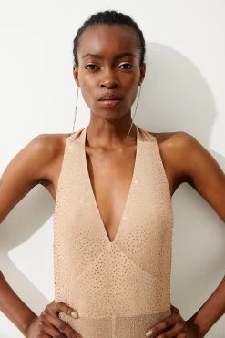 Karen Millen Hotfix Halterneck Wide Leg Jersey Jumpsuit -Karen Millen shop nude hotfix halterneck wide leg jersey jumpsuit 3