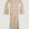 Karen Millen Feather Crystal Embellished Maxi Dress -Karen Millen shop nude pink feather crystal embellished maxi dress