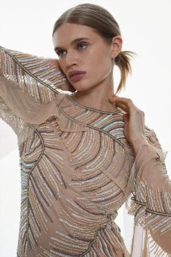 Karen Millen Feather Crystal Embellished Maxi Dress -Karen Millen shop nude pink feather crystal embellished maxi dress 2