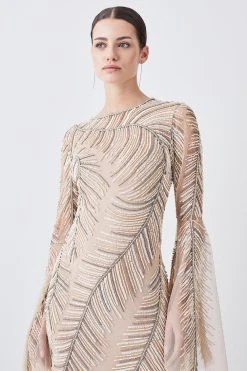 Karen Millen Petite Feather Crystal Embellished Maxi Dress -Karen Millen shop nude pink petite feather crystal embellished maxi dress 3