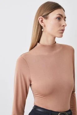 Karen Millen Slinky High Neck Long Sleeve Bodysuit -Karen Millen shop nude slinky high neck long sleeve bodysuit 3