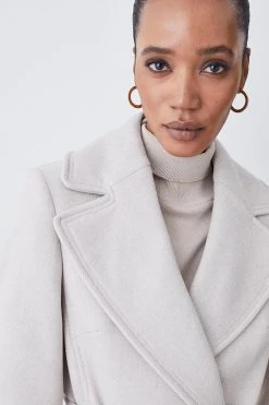 Karen Millen Italian Virgin Wool Belted Collared Coat -Karen Millen shop oatmeal italian virgin wool belted collared coat 2