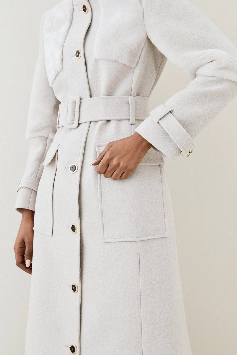 Karen Millen Italian Wool Sheepskin Panelled Belted Coat 6 Karen Millen Italian Wool Sheepskin Panelled Belted Coat - Image 4