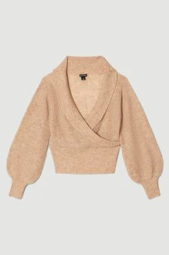 Karen Millen Premium Mohair Wool Blend Wrap Front Knit Jumper -Karen Millen shop oatmeal premium mohair wool blend wrap front knit jumper 1