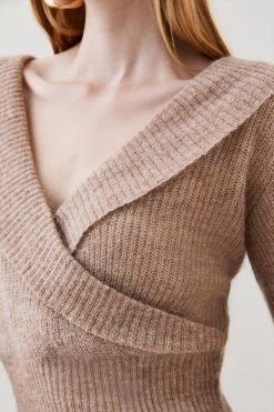 Karen Millen Premium Mohair Wool Blend Wrap Front Knit Jumper -Karen Millen shop oatmeal premium mohair wool blend wrap front knit jumper 2