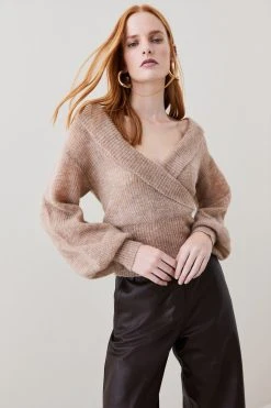 Karen Millen Premium Mohair Wool Blend Wrap Front Knit Jumper -Karen Millen shop oatmeal premium mohair wool blend wrap front knit jumper 3