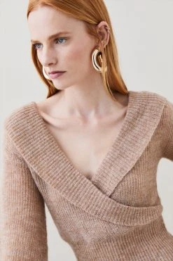 Karen Millen Premium Mohair Wool Blend Wrap Front Knit Jumper -Karen Millen shop oatmeal premium mohair wool blend wrap front knit jumper 4