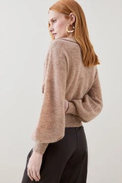 Karen Millen Premium Mohair Wool Blend Wrap Front Knit Jumper -Karen Millen shop oatmeal premium mohair wool blend wrap front knit jumper 5