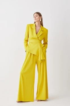 Karen Millen Petite Pleat Detail Wide Leg Trouser -Karen Millen shop ochre petite pleat detail wide leg trouser 1