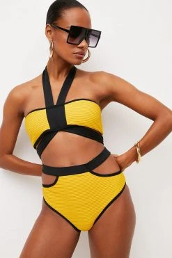 Karen Millen Ripple Colour Block Double Strap Bikini Top -Karen Millen shop ochre ripple colour block double strap bikini top 1 2