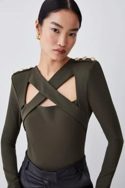 Karen Millen Strong Shoulder Cut Out Long Sleeve Belted Bodysuit -Karen Millen shop olive strong shoulder cut out long sleeve belted bodysuit 4