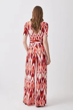 Karen Millen Abstract Print Wide Leg Waist Tie Jersey Jumpsuit