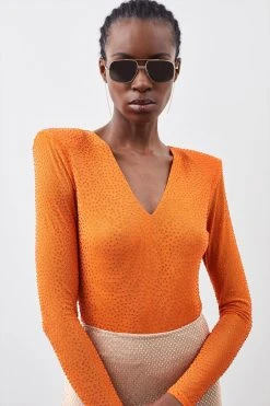 Karen Millen Hotfix Strong Shoulder Jersey Bodysuit -Karen Millen shop orange hotfix strong shoulder jersey bodysuit 1