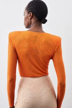 Karen Millen Hotfix Strong Shoulder Jersey Bodysuit -Karen Millen shop orange hotfix strong shoulder jersey bodysuit 2