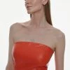Karen Millen Leather High Low High Neck Sleeveless Midi Dress -Karen Millen shop orange leather high low high neck sleeveless midi dress