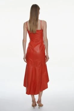 Karen Millen Leather High Low High Neck Sleeveless Midi Dress -Karen Millen shop orange leather high low high neck sleeveless midi dress 2