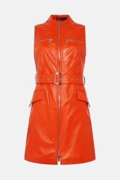 Karen Millen Leather Zip Through Biker Mini Dress -Karen Millen shop orange leather zip through biker mini dress 1