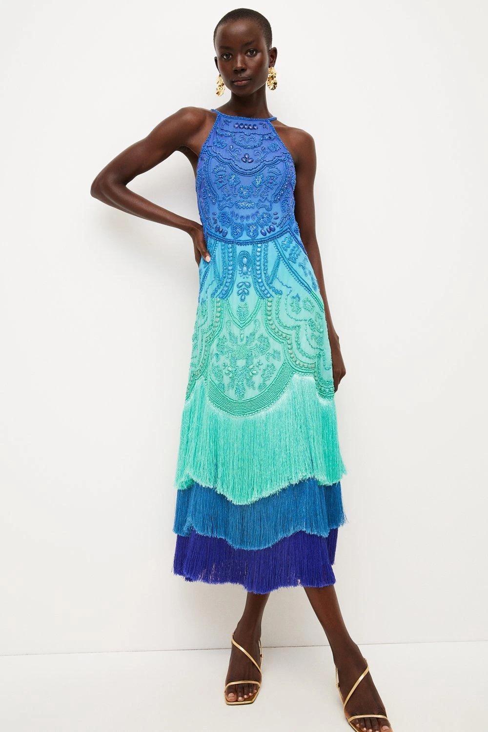 Karen Millen Ombre Fringe Strappy Beaded Maxi Dress 6 Karen Millen Ombre Fringe Strappy Beaded Maxi Dress - Image 4