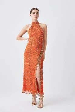 Karen Millen Petite Draped Beaded High Neck Maxi Dress -Karen Millen shop orange petite draped beaded high neck maxi dress 2