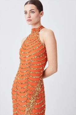 Karen Millen Petite Draped Beaded High Neck Maxi Dress