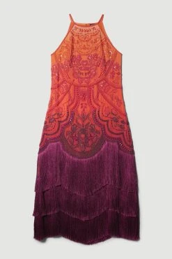 Karen Millen Petite Ombre Fringe Strappy Beaded Maxi Dress