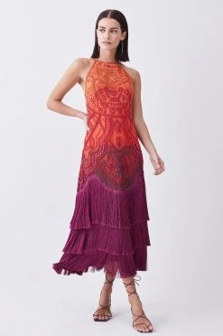 Karen Millen Petite Ombre Fringe Strappy Beaded Maxi Dress 11 Karen Millen Petite Ombre Fringe Strappy Beaded Maxi Dress -Karen Millen shop orange petite ombre fringe strappy beaded maxi dress 3