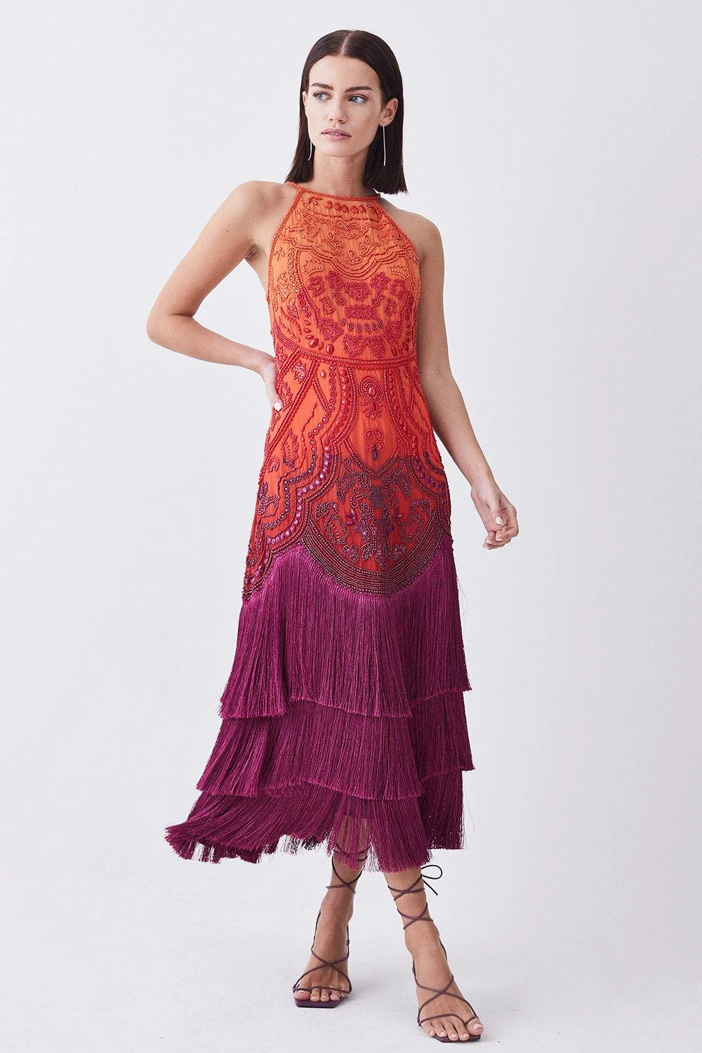 Karen Millen Petite Ombre Fringe Strappy Beaded Maxi Dress 6 Karen Millen Petite Ombre Fringe Strappy Beaded Maxi Dress - Image 4