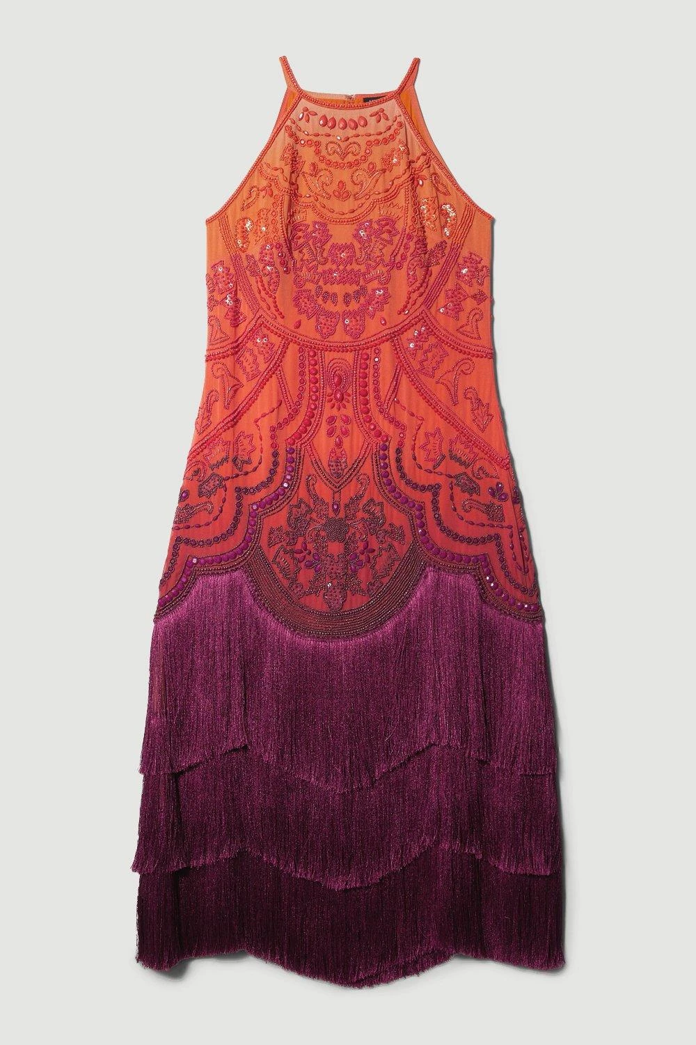Karen Millen Petite Ombre Fringe Strappy Beaded Maxi Dress 3 Karen Millen Petite Ombre Fringe Strappy Beaded Maxi Dress