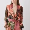 Karen Millen Petite Satin Palm Print Belted Woven Jacket -Karen Millen shop orange petite satin palm print belted woven jacket