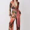Karen Millen Petite Satin Palm Printed Woven Trousers -Karen Millen shop orange petite satin palm printed woven trousers