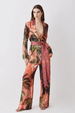 Karen Millen Petite Satin Palm Printed Woven Trousers