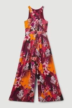 Karen Millen Petite Tropical Floral Premium Linen Viscose Halter Woven Jumpsuit -Karen Millen shop orange petite tropical floral premium linen viscose halter woven jumpsuit 1