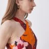 Karen Millen Petite Tropical Floral Premium Linen Viscose Halter Woven Jumpsuit -Karen Millen shop orange petite tropical floral premium linen viscose halter woven jumpsuit