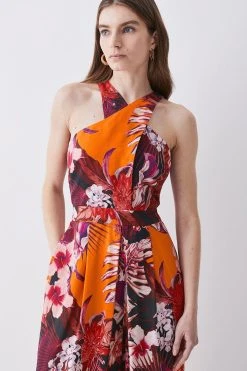 Karen Millen Petite Tropical Floral Premium Linen Viscose Halter Woven Jumpsuit -Karen Millen shop orange petite tropical floral premium linen viscose halter woven jumpsuit 3