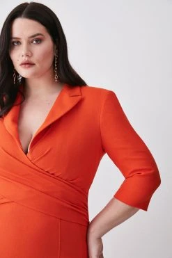 Karen Millen Plus Size Compact Crepe Wrap Waist Pencil Midi Dress -Karen Millen shop orange plus size compact crepe wrap waist pencil midi dress 1