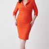 Karen Millen Plus Size Compact Crepe Wrap Waist Pencil Midi Dress -Karen Millen shop orange plus size compact crepe wrap waist pencil midi dress