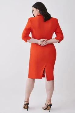 Karen Millen Plus Size Compact Crepe Wrap Waist Pencil Midi Dress -Karen Millen shop orange plus size compact crepe wrap waist pencil midi dress 3