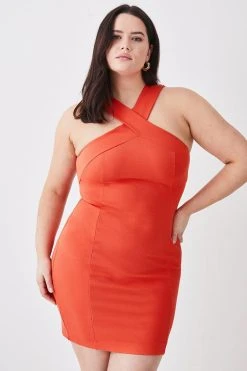Karen Millen Plus Size Rivet Detail Cross Neck Ponte Jersey Dress -Karen Millen shop orange plus size rivet detail cross neck ponte jersey dress 2