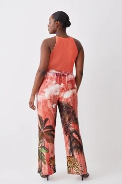Karen Millen Plus Size Satin Palm Printed Woven Trousers -Karen Millen shop orange plus size satin palm printed woven trousers 1
