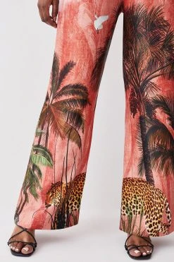 Karen Millen Plus Size Satin Palm Printed Woven Trousers -Karen Millen shop orange plus size satin palm printed woven trousers 3